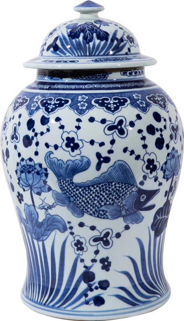 Exquisite Fish Lotus Temple Jar - Elegant Decor: Exquisite Fish Lotus Temple Jar - Elegant Decor Introducing the Blue and White Medium Fish Lotus Temple Jar - a masterpiece of traditional ceramic artistry that transforms any space into a haven of el