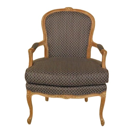 Vintage French Louis XV Fauteuil Chair with Upholstery 25 Years Old: Vintage French Louis XV Fauteuil Chair with Upholstery 25 Years Old This exquisite French Louis XV Style Fauteuil Open Arm Chair showcases elegant carved details and a high-quality construction with a