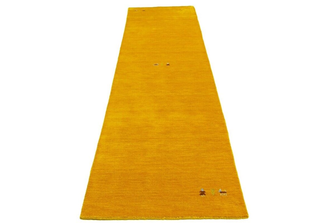 Marigold 2.6x12 Hand-Loomed Wool Modern Runner Rug: Marigold 2.6x12 Hand-Loomed Wool Modern Runner Rug Enhance your space with this Contemporary Tribal Design Gabbeh Modern Runner Rug, ideal for kitchens and hallways. Measuring 2'6" x 12'0", this stunn