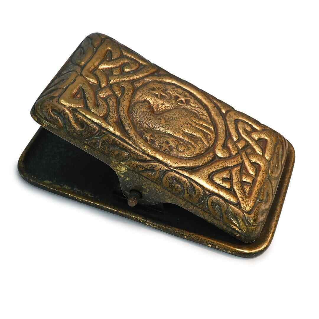 Antique Solid Bronze Letter Holder by L.C.T. Tiffany Studios, Zodiac Motif: Antique Solid Bronze Letter Holder by L.C.T. Tiffany Studios, Zodiac Motif This rare Tiffany Studios New York Zodiac Desk Letter Paperclip Holder is a vintage piece crafted from solid bronze, dating b