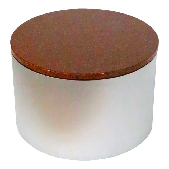 1970s Brueton Post Modern Drum Table with Rouge Marble Top: 1970s Brueton Post Modern Drum Table with Rouge Marble Top This stunning Post Modern Minimalist drum table features a sleek metal clad design complemented by a thick rouge marble top. Crafted circa th