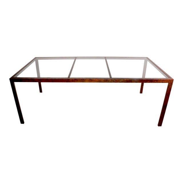 1970s Faux Painted Parsons Dining Table by Milo Baughman: 1970s Faux Painted Parsons Dining Table by Milo Baughman This vintage dining table, crafted in the 1970s, showcases a distinctive faux painted finish that combines sponge painting, faux tortoise shell