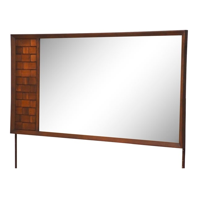 Mid Century Modern Walnut Block Front Brutalist Style Mirror 74" W x 36.5" H: Mid Century Modern Walnut Block Front Brutalist Style Mirror 74" W x 36.5" H This stunning mid-century modern mirror showcases a unique walnut block front design in a brutalist style. Measuring 74" wi