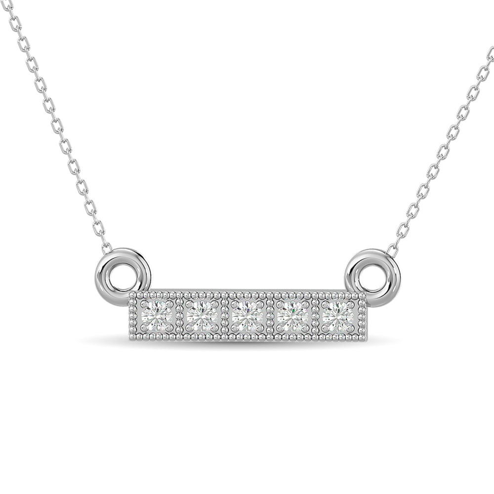 10KT WHITE GOLD 0.06CT DIAMOND PENDANT: 10KT WHITE GOLD 0.06CT DIAMOND PENDANT This exquisite pendant is crafted from 10KT white gold and features a stunning arrangement of five round diamonds. Each diamond weighs a total of 0.06 carats, sh