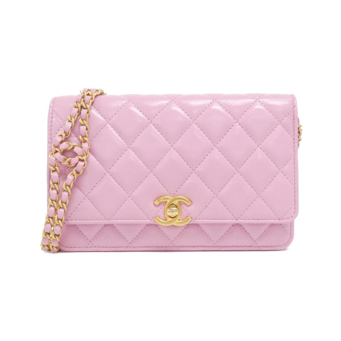 CHANEL Pink Mat Gold Lamb Leather Chain Wallet 19cm x 12cm x 4cm: CHANEL Pink Mat Gold Lamb Leather Chain Wallet 19cm x 12cm x 4cm This CHANEL chain wallet is crafted from luxurious lamb leather and features a stunning PINK MAT GOLD hardware finish. Designed for lad