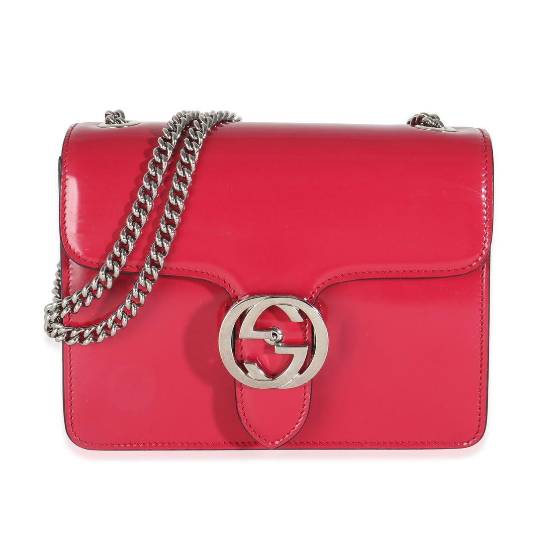 Gucci Pink Calfskin Small Interlocking G Shoulder Bag 7.5x5.5x2.25: Gucci Pink Calfskin Small Interlocking G Shoulder Bag 7.5x5.5x2.25 Introducing the Gucci Small Interlocking G Shoulder Bag, a stunning accessory crafted from luxurious pink calfskin leather. This eleg