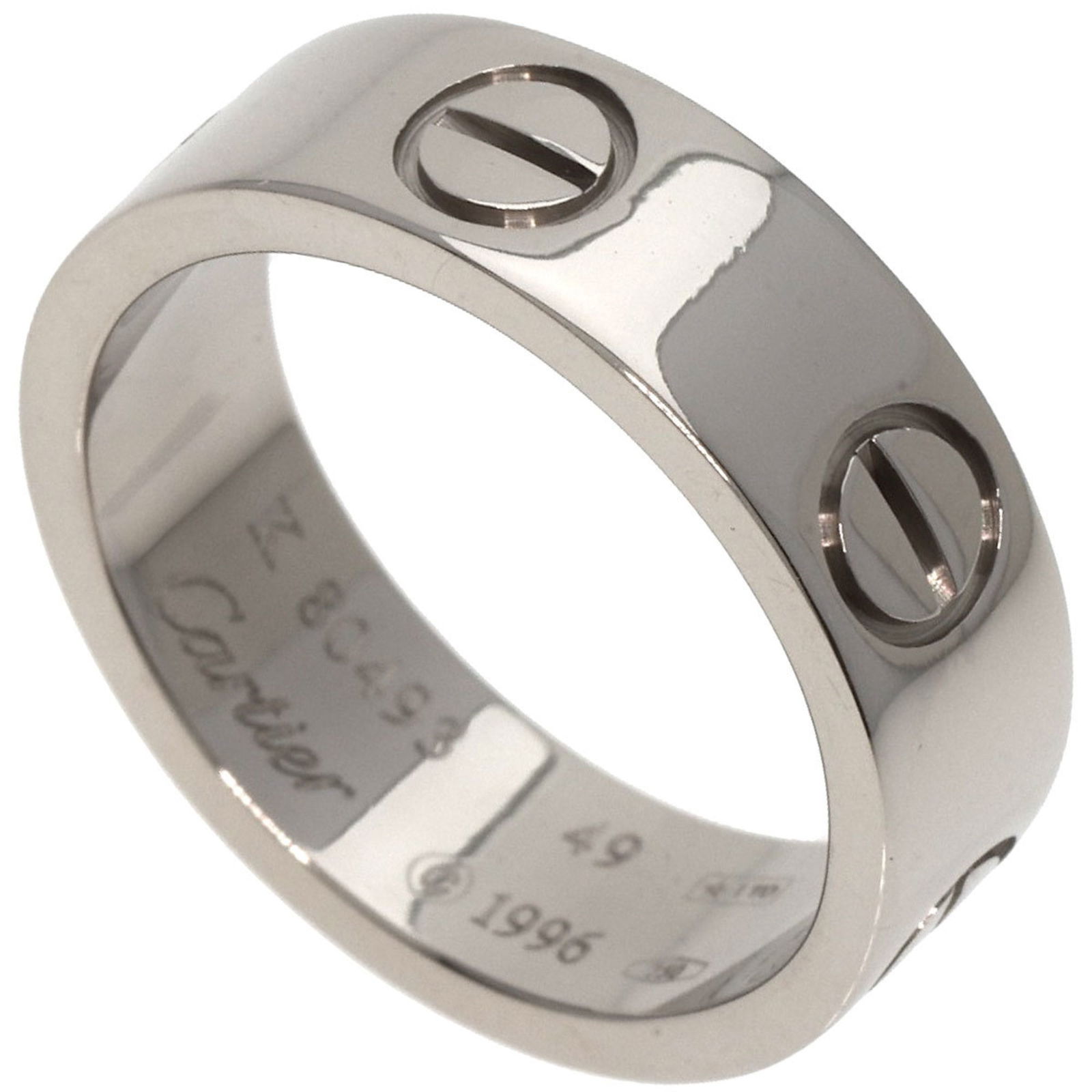 Cartier Love Ring 18K White Gold Size 9 5.4mm Band Women's: Cartier Love Ring 18K White Gold Size 9 5.4mm Band Women's This exquisite Cartier Love Ring is crafted from luxurious 18K white gold, featuring a classic band design that embodies timeless elegance. D
