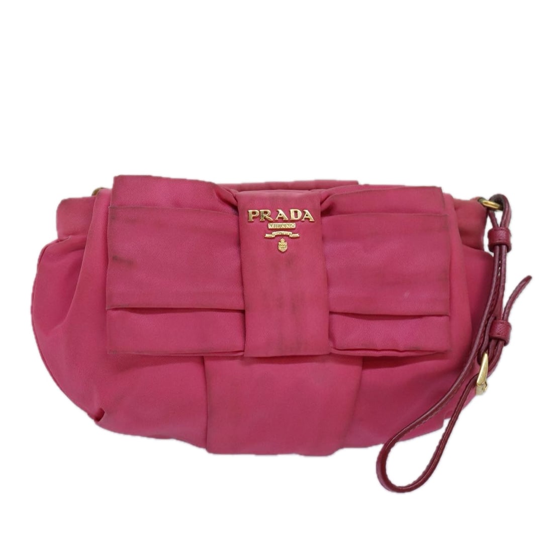 Prada Pink Synthetic Pouch: Prada Pink Synthetic Pouch The Prada pouch in a charming pink hue is a stylish and practical accessory crafted from durable synthetic material. Made in Italy, this pouch exemplifies Prada's commitment