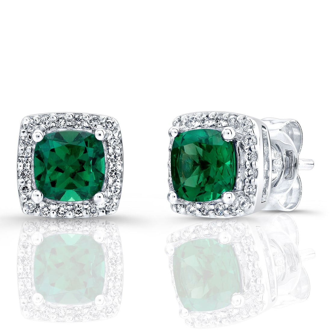 Elegant 14k White Gold Emerald Diamond Halo Earrings 5mm: Elegant 14k White Gold Emerald Diamond Halo Earrings 5mm These stunning earrings feature two 5 mm cushion cut created emeralds elegantly surrounded by a sparkling square halo of round brilliant diamon