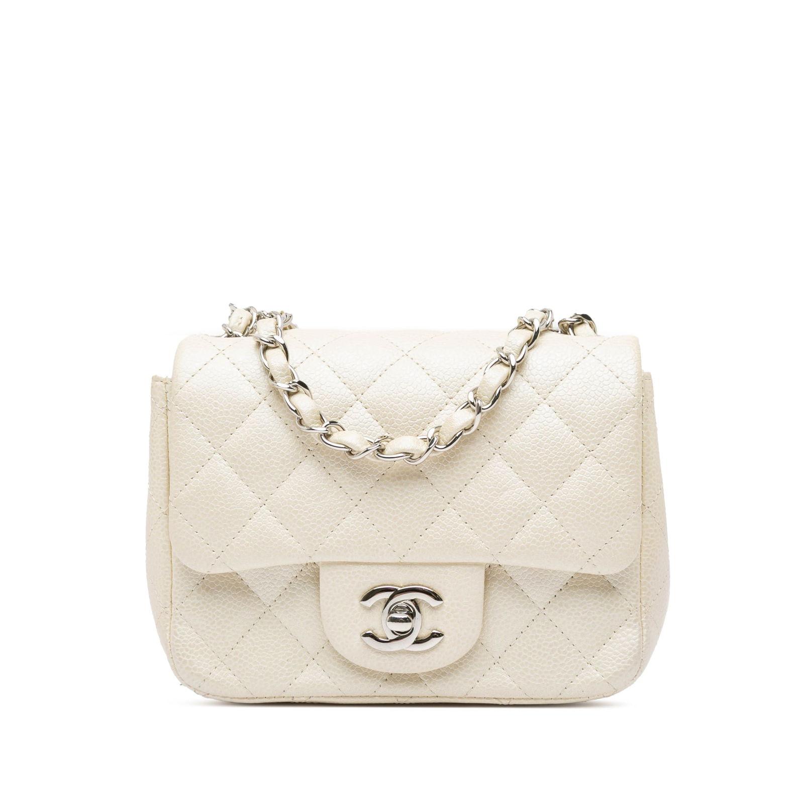 Chanel Mini Square Crossbody Bag White Caviar Leather 13x16x7 cm: Chanel Mini Square Crossbody Bag White Caviar Leather 13x16x7 cm Elevate your style with this Chanel Mini Square Classic Caviar Single Flap crossbody bag. Crafted from luxurious quilted caviar leather
