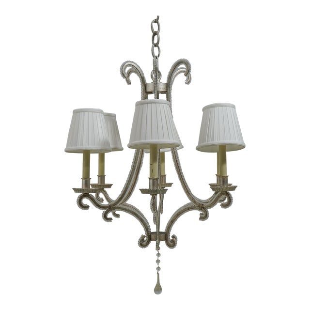 Vintage Silver 6 Arm Chandelier with Beaded Trim: Vintage Silver 6 Arm Chandelier with Beaded Trim Illuminate your space with this stunning Silver Designer 6 Arm Chandelier, featuring exquisite beaded trim. Crafted with quality construction, this cha