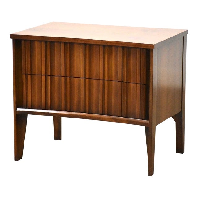 Mid-Century Modern Walnut Nightstand 26" Wide 2 Drawers: Mid-Century Modern Walnut Nightstand 26" Wide 2 Drawers This mid-century modern walnut nightstand features a stylish slatted front design and two drawers for convenient storage. It has been profession