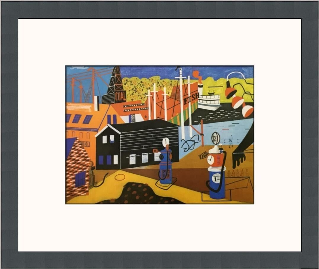 Garage Lights Custom Framed Print: Garage Lights Custom Framed Print This custom framed print titled "Garage Lights" by Stuart Davis captures an industrial scene, featuring buildings and structures alongside two gas pumps. Produced in