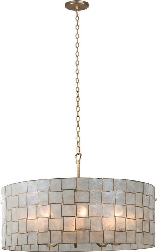 Roxy 33-Inch Pendant with Oxidized Gold Leaf and Capiz Shells: Roxy 33-Inch Pendant with Oxidized Gold Leaf and Capiz Shells Introducing the Roxy 33-Inch Pendant, a stunning blend of style and sophistication. This exquisite piece features a warm oxidized gold lea