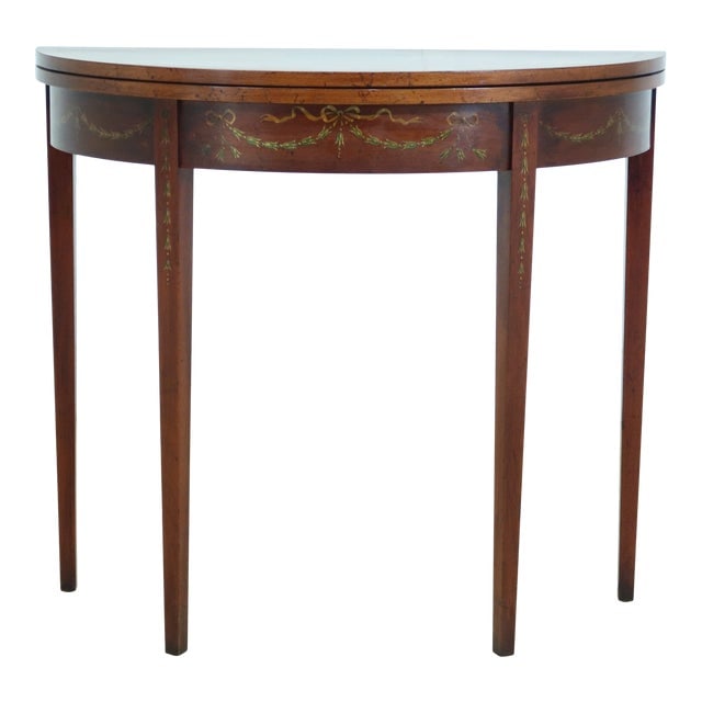 English Adam Style Paint Decorated Half Round Hall Card Table: English Adam Style Paint Decorated Half Round Hall Card Table This exquisite English Adam Style Flip Top Hall Card Table showcases stunning painted floral designs, adding charm to any space. Crafted a