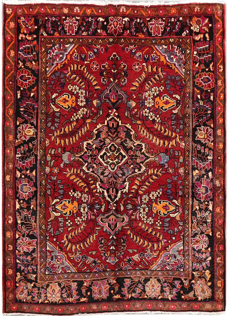 Handcrafted 5.3 x 7.3 Persian Lilihan Rug in Rust Red and Blue: Handcrafted 5.3 x 7.3 Persian Lilihan Rug in Rust Red and Blue This 5.3 x 7.3 Persian Lilihan Rug is a stunning embodiment of traditional Persian artistry, handcrafted by skilled artisans from the Lil