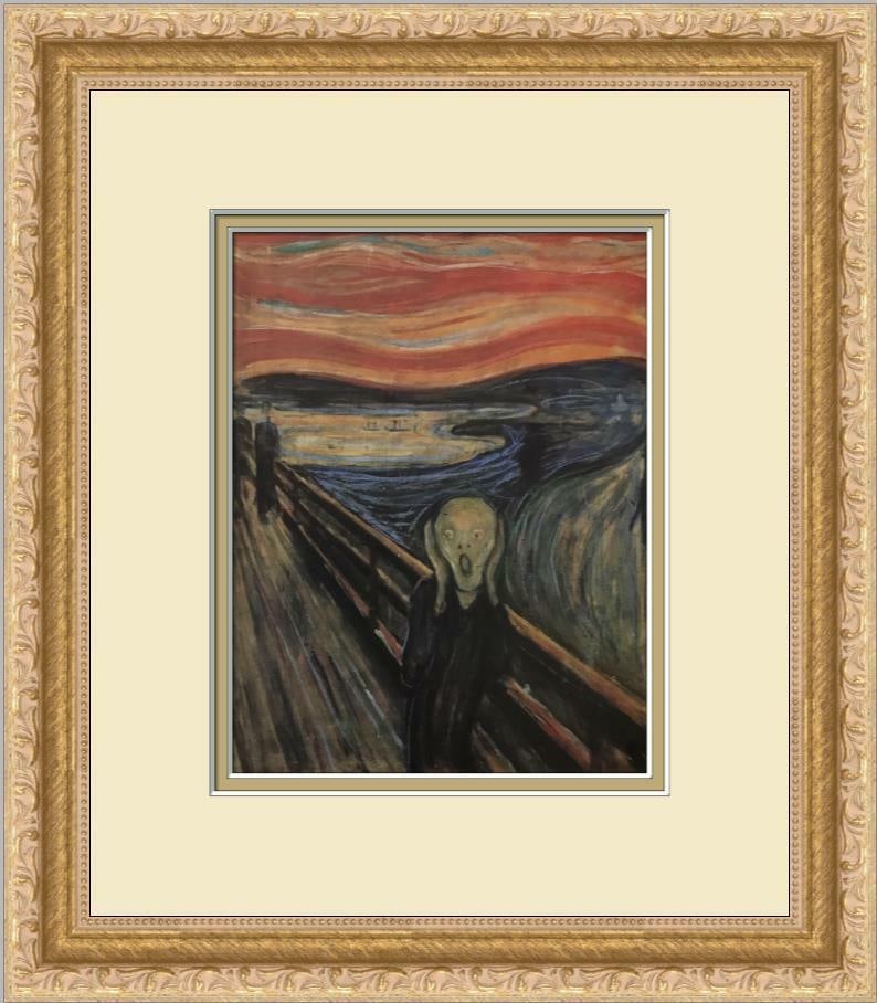 Edvard Munch The Scream Custom Framed Offset Lithograph: Edvard Munch The Scream Custom Framed Offset Lithograph This beautifully custom framed print of Edvard Munch's iconic artwork, 'The Scream,' features a striking landscape orientation, showcasing a fig