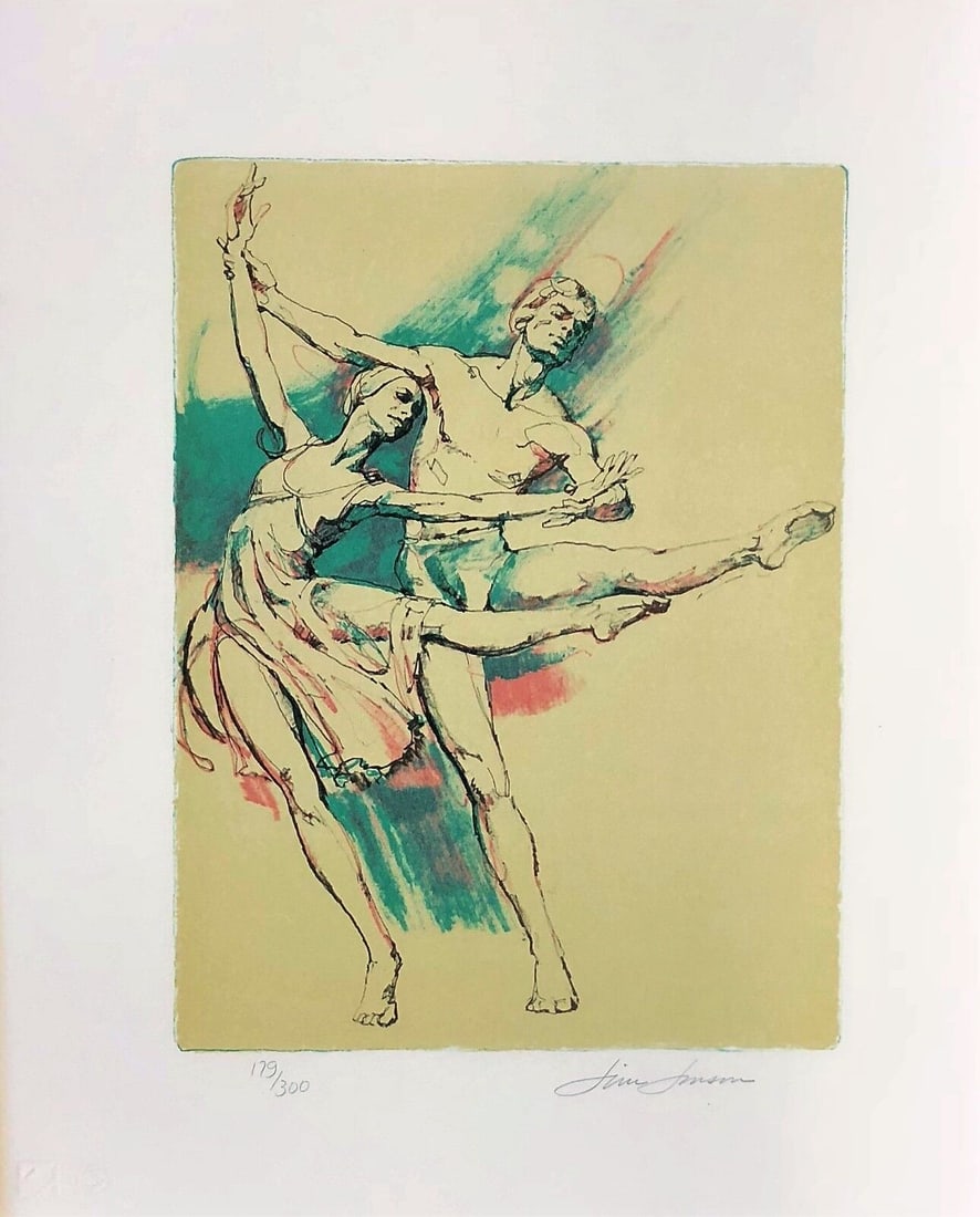 Jim Jonson Signed Lithograph Ballet Two Dancers Framed: Jim Jonson Signed Lithograph Ballet Two Dancers Framed This stunning lithograph by Jim Jonson, titled "Ballet Two Dancers," beautifully captures the grace of dance with its abstract representation of 
