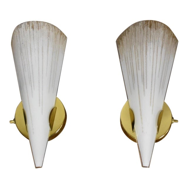 Mid-Century Modern Brass & Glass Wall Sconces - A Pair: Mid-Century Modern Brass & Glass Wall Sconces - A Pair Enhance your space with this exquisite pair of Lightolier brass and glass wall sconces. Featuring a unique cone-shaped design, these sconces show