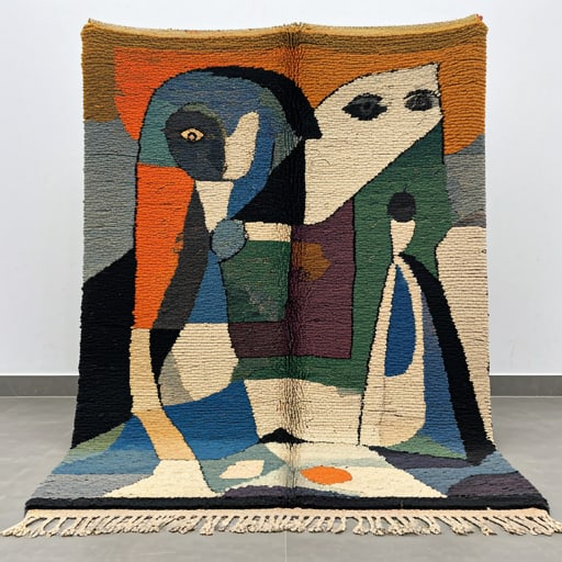 98 x 102 Moroccan Picasso-Inspired Rug: 98 x 102 Moroccan Picasso-Inspired Rug This stunning Moroccan Berber rug features a unique design that fuses traditional Amazigh motifs with a modern, Picasso-inspired aesthetic. Bold geometric shapes