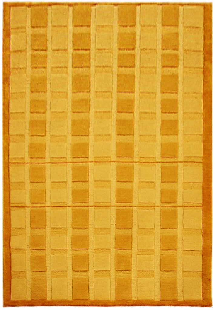 3.7 x 5.4 Golden Carved Handmade Nepalese/Tibet Wool Rug: 3.7 x 5.4 Golden Carved Handmade Nepalese/Tibet Wool Rug Enhance your living space with this exquisite Golden Carved Handmade Nepalese/Tibet Wool Rug, measuring 3' 7" x 5' 4". This stunning rug showca