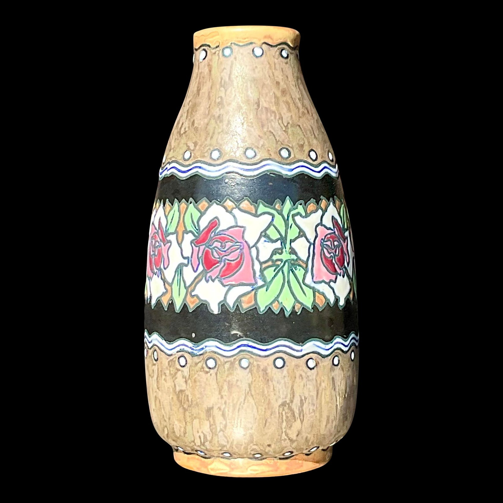 Vintage Boho Charles Catteau for Boch Freres Keramis Hand Painted Vase: Vintage Boho Charles Catteau for Boch Freres Keramis Hand Painted Vase A stunning vintage Boho hand painted vase. Made by the coveted Charles Gatteau for Bock Freres Keramis. Beautiful floral ring on