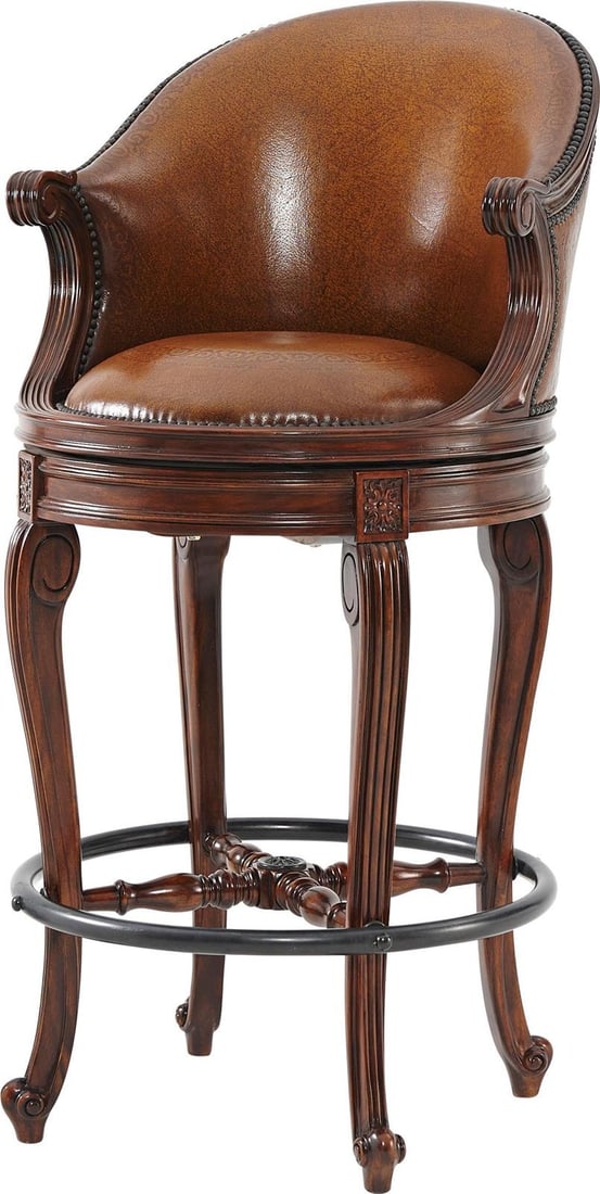 Louis XV Hand-Carved Walnut Bar Stool with Brass Footrest: Louis XV Hand-Carved Walnut Bar Stool with Brass Footrest Transform your home into a scene of opulence with the Theodore Alexander Louis XV Bar Stool. a masterpiece of hand-carved excellence. encapsul