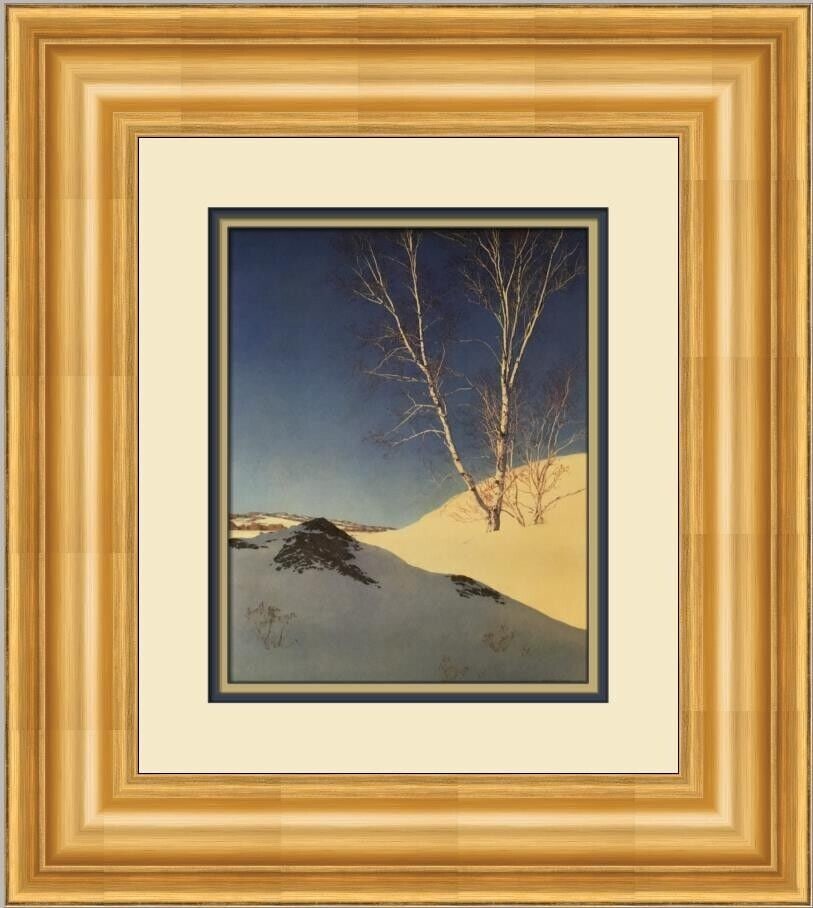 Maxfield Parrish White Birch Winter Framed Print 20 x 18 in Fantasy Realism: Maxfield Parrish White Birch Winter Framed Print 20 x 18 in Fantasy Realism This exquisite custom framed print titled "White Birch Winter" by renowned artist Maxfield Parrish captures the serene beaut