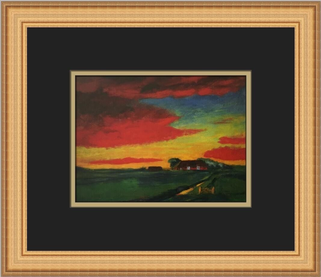 Evening Landscape Custom Framed Print: Evening Landscape Custom Framed Print This stunning custom framed print titled "Evening Landscape" by renowned artist Emil Nolde showcases a beautiful sunset with vibrant red and orange clouds over a