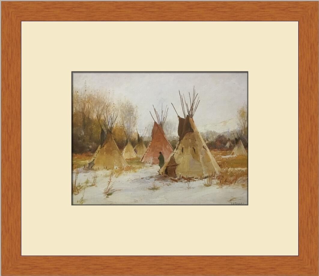 Joseph Henry Sharp Winter on Crow Reservation Framed Art 12 x 13: Joseph Henry Sharp Winter on Crow Reservation Framed Art 12 x 13 This beautiful print titled 'Winter on Crow Reservation in Montana' by Joseph Henry Sharp captures a serene winter landscape featuring