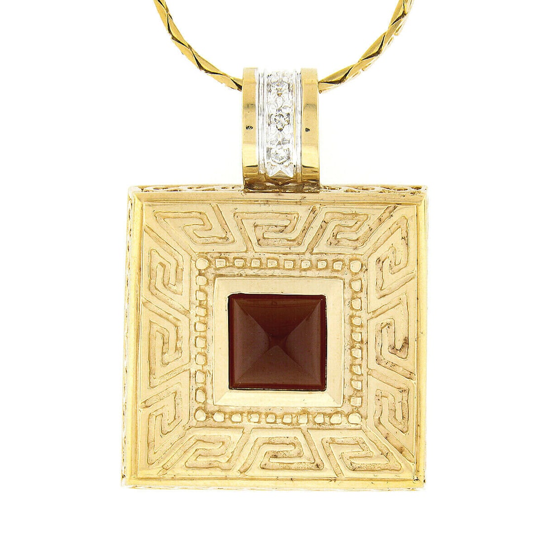 Vintage 14k Gold Garnet & Diamond Greek Key Design Pendant Necklace w/ S Link Chain: Vintage 14k Gold Garnet & Diamond Greek Key Design Pendant Necklace w/ S Link Chain This exquisite vintage necklace features a stunning square pendant crafted from solid 14k yellow gold, showcasing a
