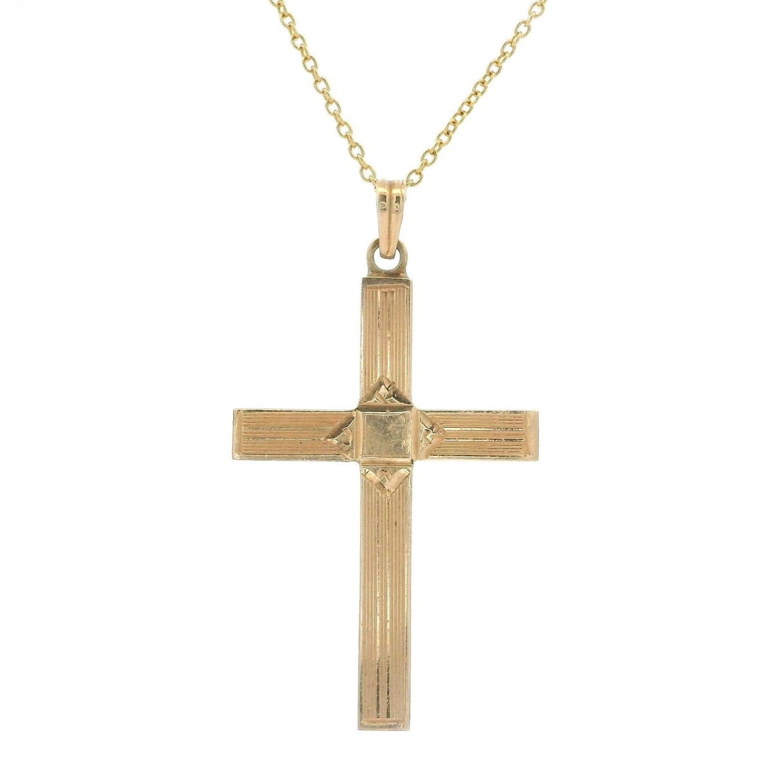 Vintage 14k Yellow Gold Engraved Cross Pendant 18" Cable Chain: Vintage 14k Yellow Gold Engraved Cross Pendant 18" Cable Chain This vintage 14k yellow gold engraved cross pendant is beautifully crafted and hangs elegantly from an 18" cable link chain. The pendant 