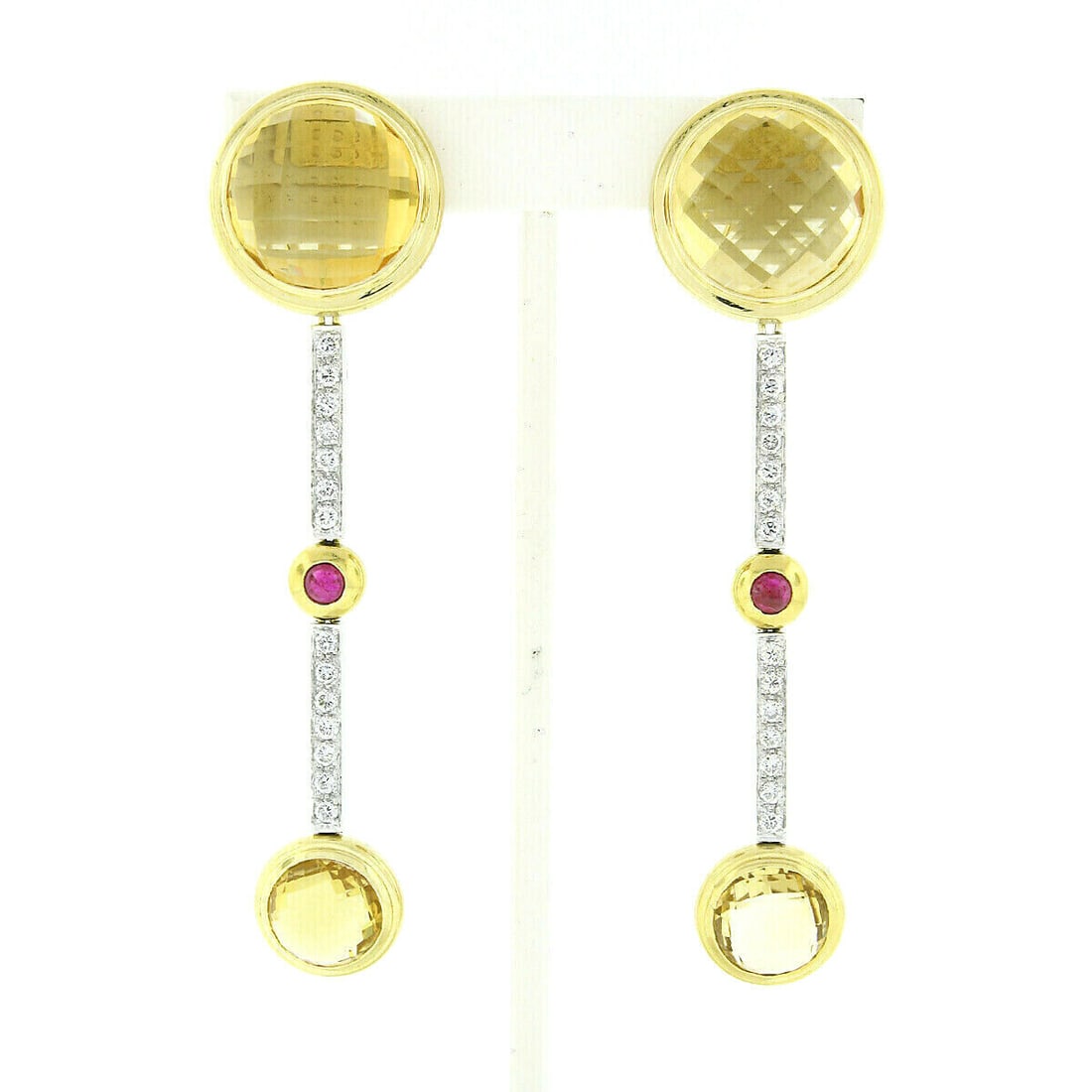 18K Multi-Tone Gold Round Bezel Citrine Diamond & Ruby Long Dangle Earrings: 18K Multi-Tone Gold Round Bezel Citrine Diamond & Ruby Long Dangle Earrings Elevate your jewelry collection with these exquisite Antonini long dangle earrings, crafted from solid 18K yellow and white