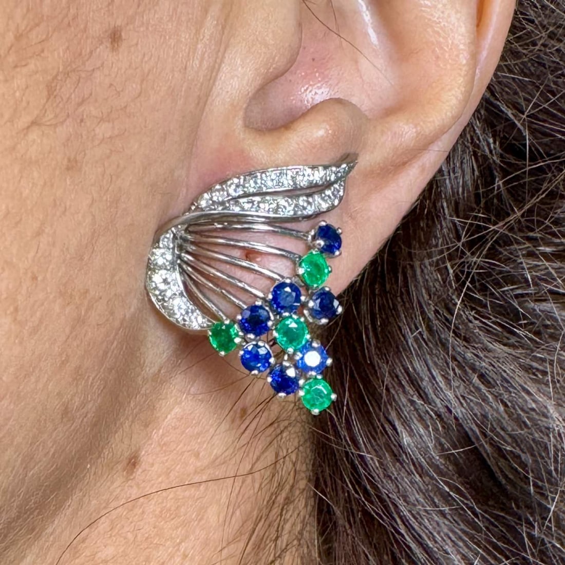 Vintage Art Deco Platinum Earrings with Diamonds Emeralds Sapphires 1.25 Inches: Vintage Art Deco Platinum Earrings with Diamonds Emeralds Sapphires 1.25 Inches These exquisite Art Deco earrings showcase a stunning combination of diamonds, emeralds, and sapphires, elegantly set in