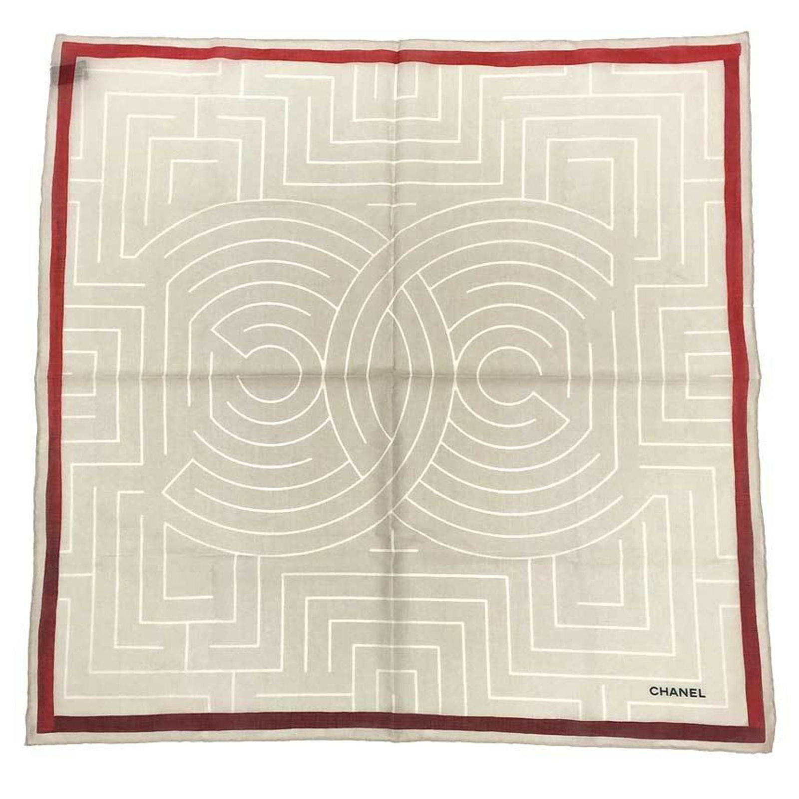 Chanel Cotton Scarf 60cm Geometric Maze Greige Red Border: Chanel Cotton Scarf 60cm Geometric Maze Greige Red Border Elevate your accessory game with this exquisite Chanel scarf, a perfect addition for women seeking both style and elegance. Made from high-qua