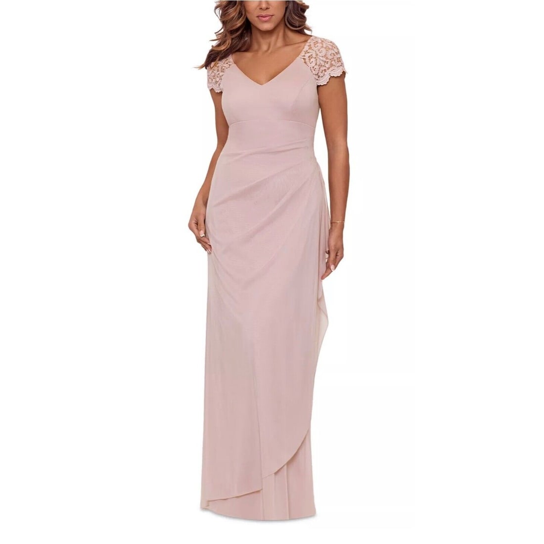 Lace-Sleeve V Neck Chiffon Long Gown Pink 10: Lace-Sleeve V Neck Chiffon Long Gown Pink 10 Elevate your formal wardrobe with this stunning XSCAPE Lace-Sleeve V Neck Chiffon Long Gown, perfect for cocktail parties and special occasions. This beaut