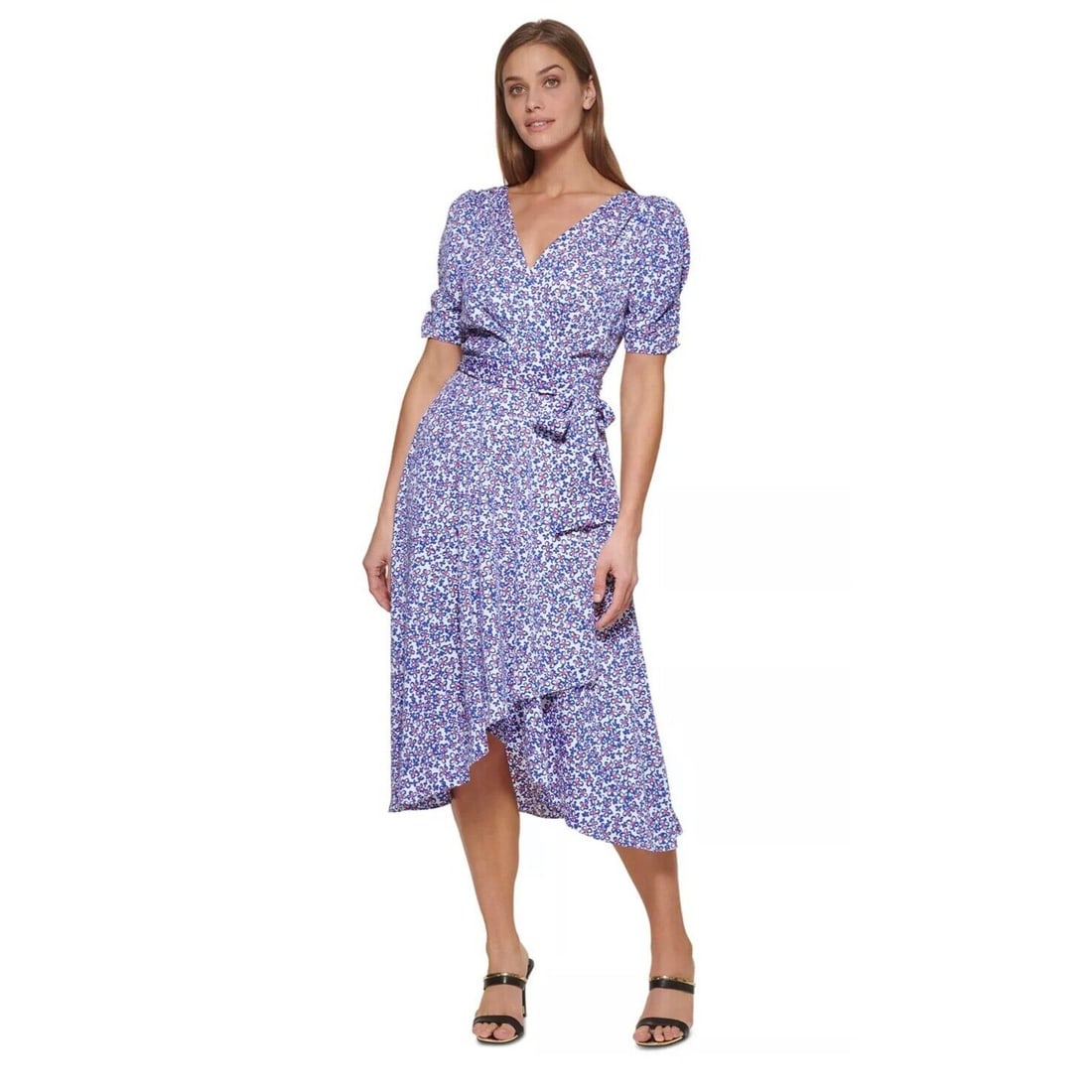 Floral-Print Faux-Wrap Ruffle Trim Ruched Sleeves Midi Dress 12: Floral-Print Faux-Wrap Ruffle Trim Ruched Sleeves Midi Dress 12 Elevate your wardrobe with this stunning DKNY Floral-Print Faux-Wrap Ruffle Trim Midi Dress. Designed with a delicate floral pattern, th