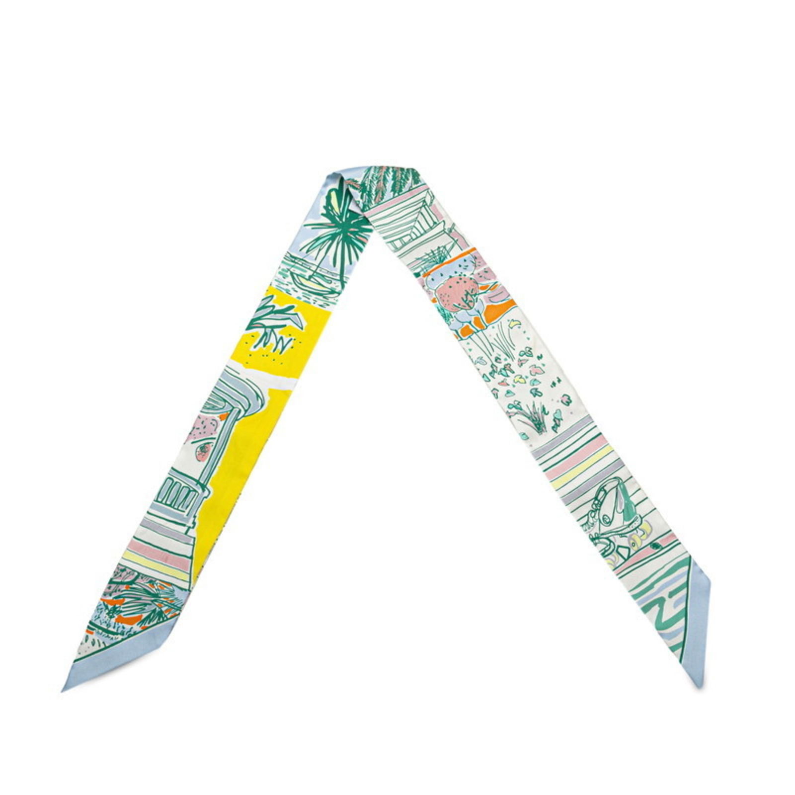 Hermes Twilly RAYURES D'ETE Scarf Muffler Multi-color White Silk Women's: Hermes Twilly RAYURES D'ETE Scarf Muffler Multi-color White Silk Women's Elevate your style with this exquisite Hermes Twilly scarf, featuring a vibrant multi-color design that includes tropical eleme