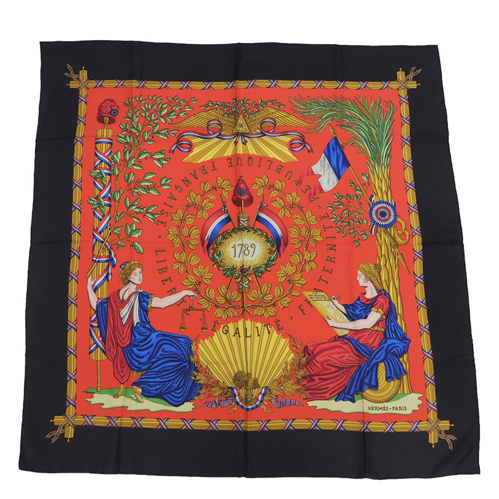 Hermes Carre 90 Liberte Egalite Fraternite Republique Francaise 1789 Black Orange Silk Scarf: Hermes Carre 90 Liberte Egalite Fraternite Republique Francaise 1789 Black Orange Silk Scarf This exquisite Hermes scarf showcases a vibrant design highlighted by two female figures, a peacock, and de