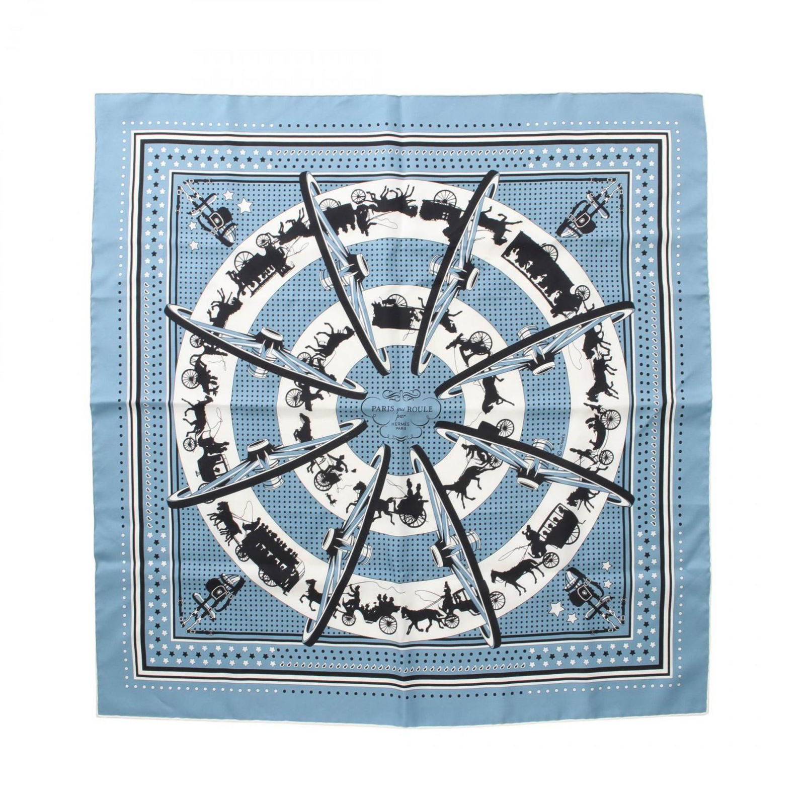 Hermes Carre 55 Silk Scarf Blue Multi Animal Print 21.65'': Hermes Carre 55 Silk Scarf Blue Multi Animal Print 21.65'' Elevate your accessory collection with this exquisite Hermes Carre 55 Paris Qui Roule Scarf. Crafted from luxurious silk, this women's scarf