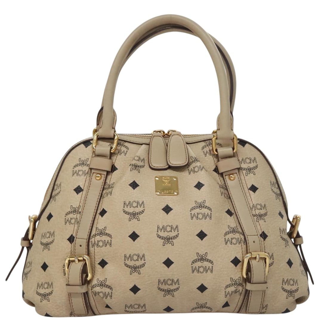 MCM Visetos Beige Canvas Bag: MCM Visetos Beige Canvas Bag This MCM Visetos handbag is a stylish accessory for any fashion-forward individual. Crafted from durable canvas in a chic beige hue, it features the iconic MCM patterned d