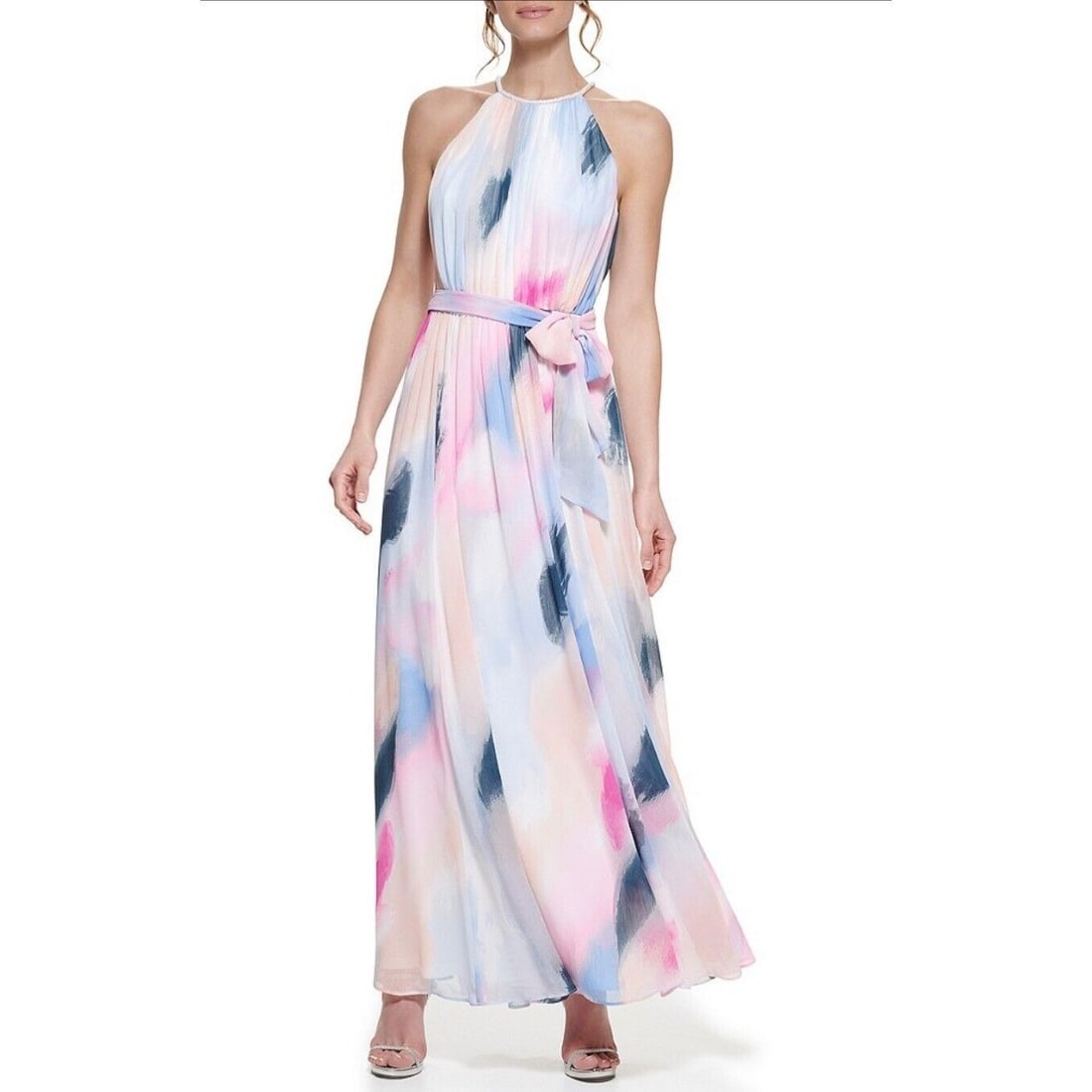 DKNY Size 16 Sleeveless Beaded Halter Chiffon Maxi Dress: DKNY Size 16 Sleeveless Beaded Halter Chiffon Maxi Dress Elevate your wardrobe with this stunning DKNY Sleeveless Beaded Halter Neck Tie Waist Chiffon Maxi Dress in size 16. This beautiful dress featu