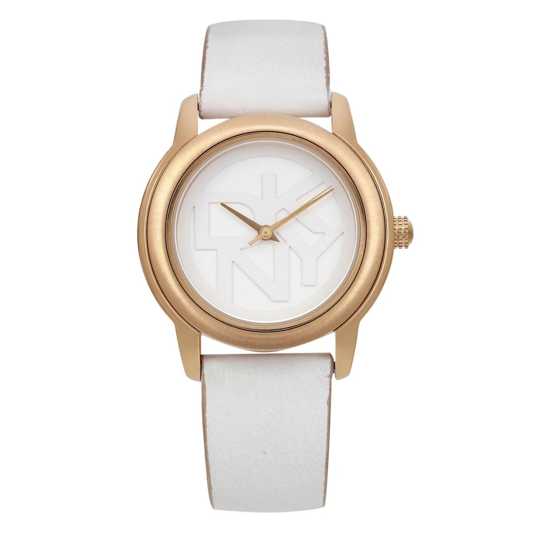 DKNY Rose Gold 38mm White Dial Leather Band Quartz Watch: DKNY Rose Gold 38mm White Dial Leather Band Quartz Watch This elegant DKNY ladies' wristwatch combines casual style with sophisticated design. Featuring a striking white dial adorned with the DKNY log