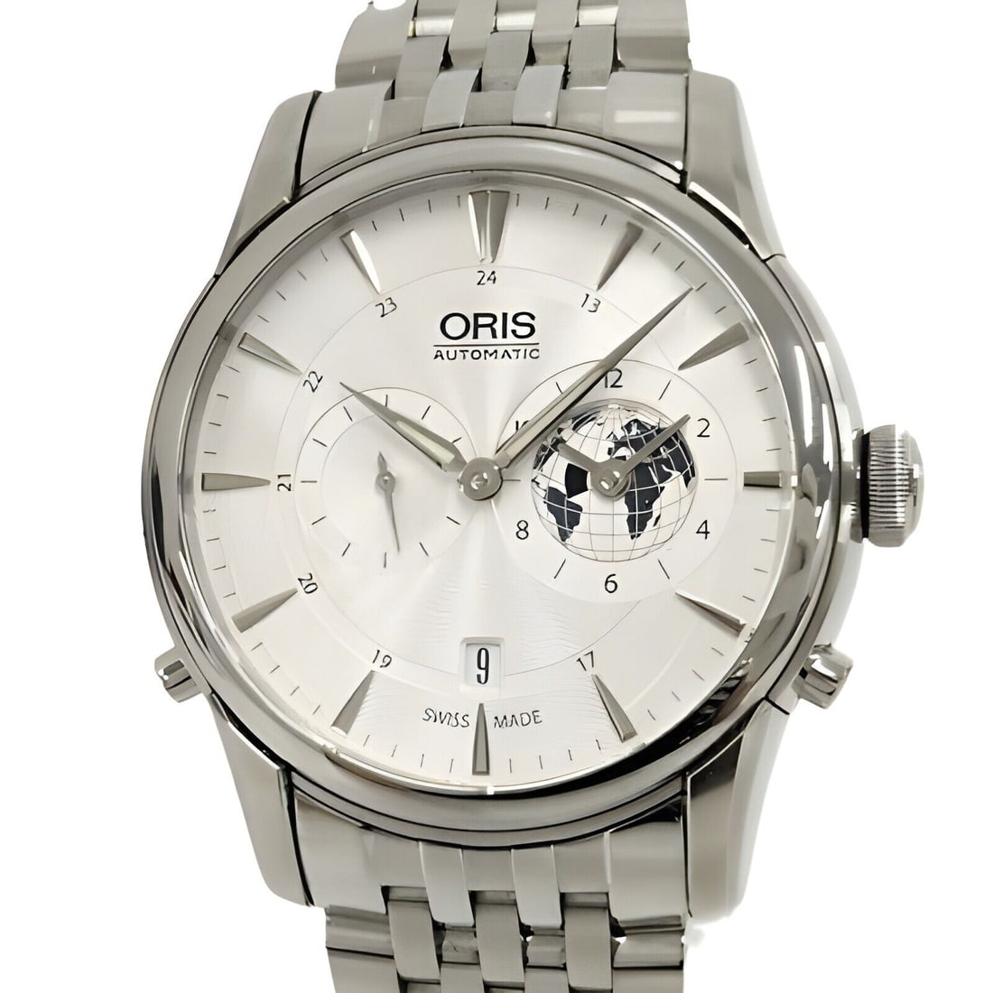 ORIS Artelier Greenwich Mean Time Wristwatch: ORIS Artelier Greenwich Mean Time Wristwatch This ORIS Artelier Greenwich Mean Time Limited Edition wristwatch combines elegance with functionality. Crafted from stainless steel, it features a strikin