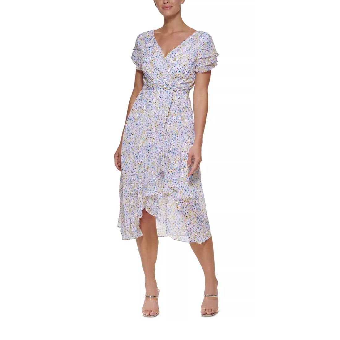 Flutter-Sleeve Faux-Wrap Belt At Waist Floral Print Midi Dress Cream 14: Flutter-Sleeve Faux-Wrap Belt At Waist Floral Print Midi Dress Cream 14 Elevate your wardrobe with this stunning DKNY Flutter-Sleeve Faux-Wrap Midi Dress. Featuring a beautiful floral pattern and a fl
