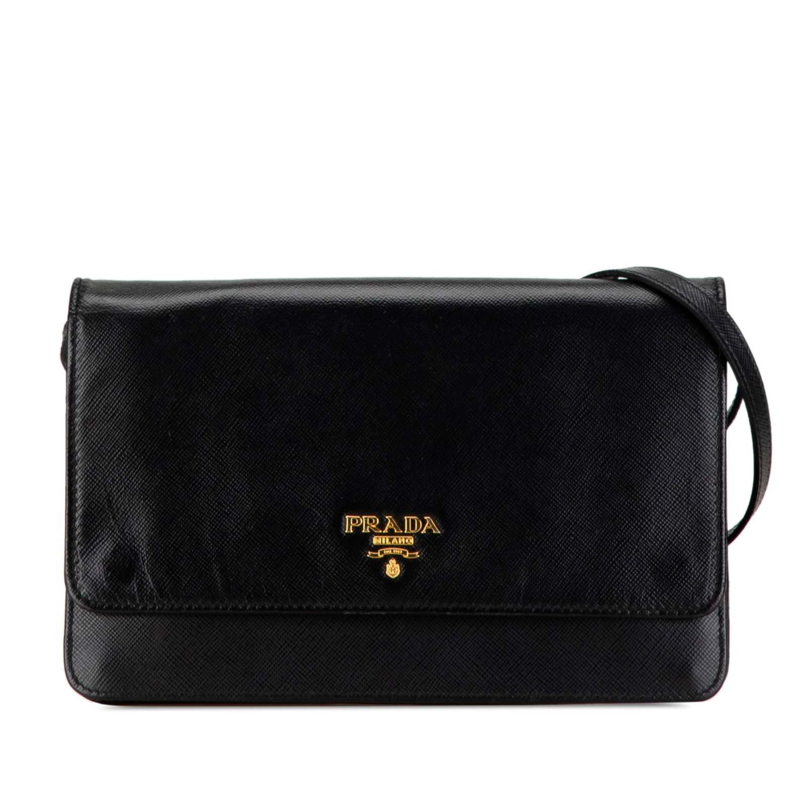 Prada Saffiano Leather Wallet on Chain with Strap: Prada Saffiano Leather Wallet on Chain with Strap This Prada Saffiano Metal Flap Wallet with Strap is a stylish and functional accessory crafted from durable saffiano leather. It features an adjustabl