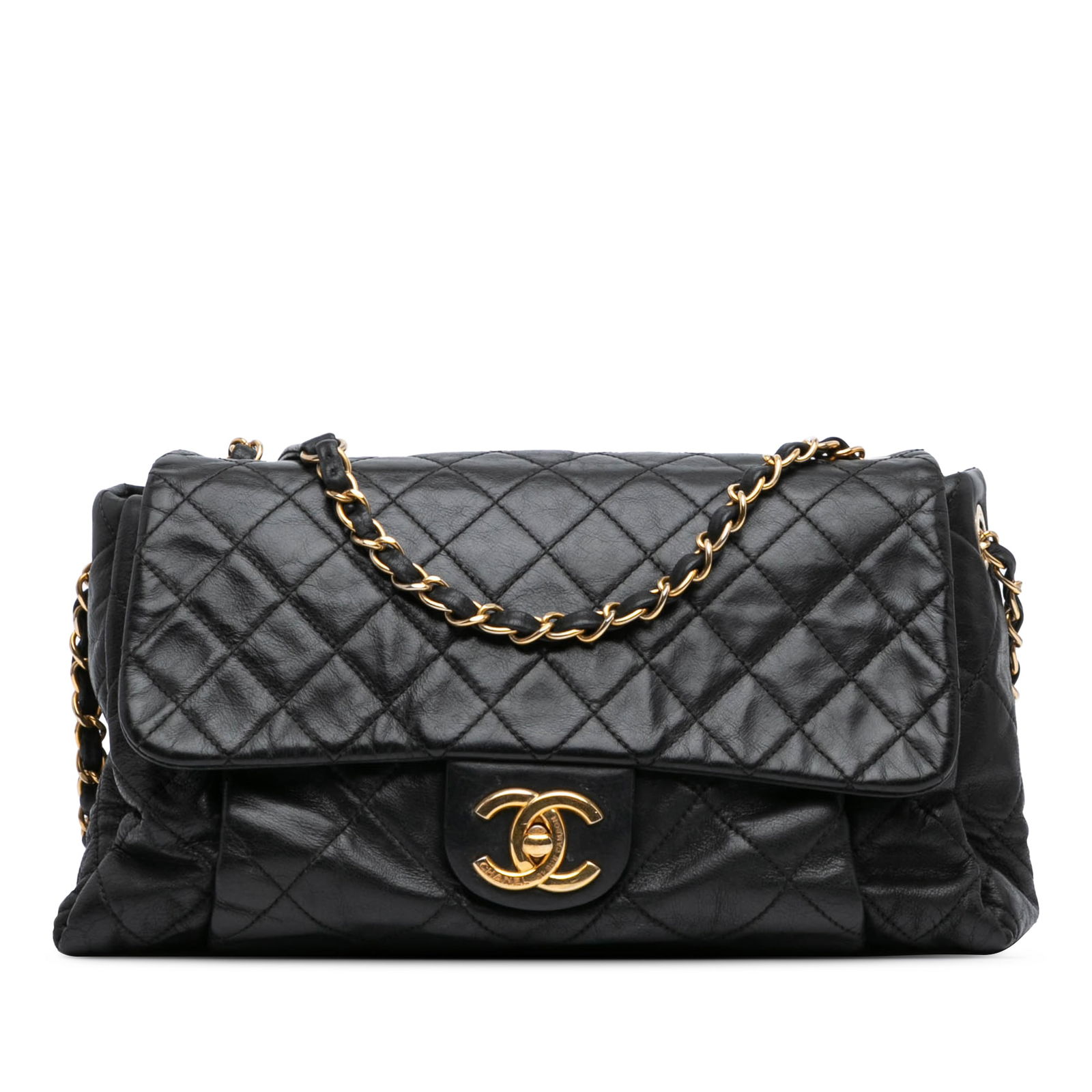 Chanel Black Quilted Leather Large Chic Flap Bag 17x29x9 cm: Chanel Black Quilted Leather Large Chic Flap Bag 17x29x9 cm This Chanel Large Aged Calfskin Chic Quilt Flap shoulder bag features a quilted calfskin leather body, leather woven curb chain shoulder str