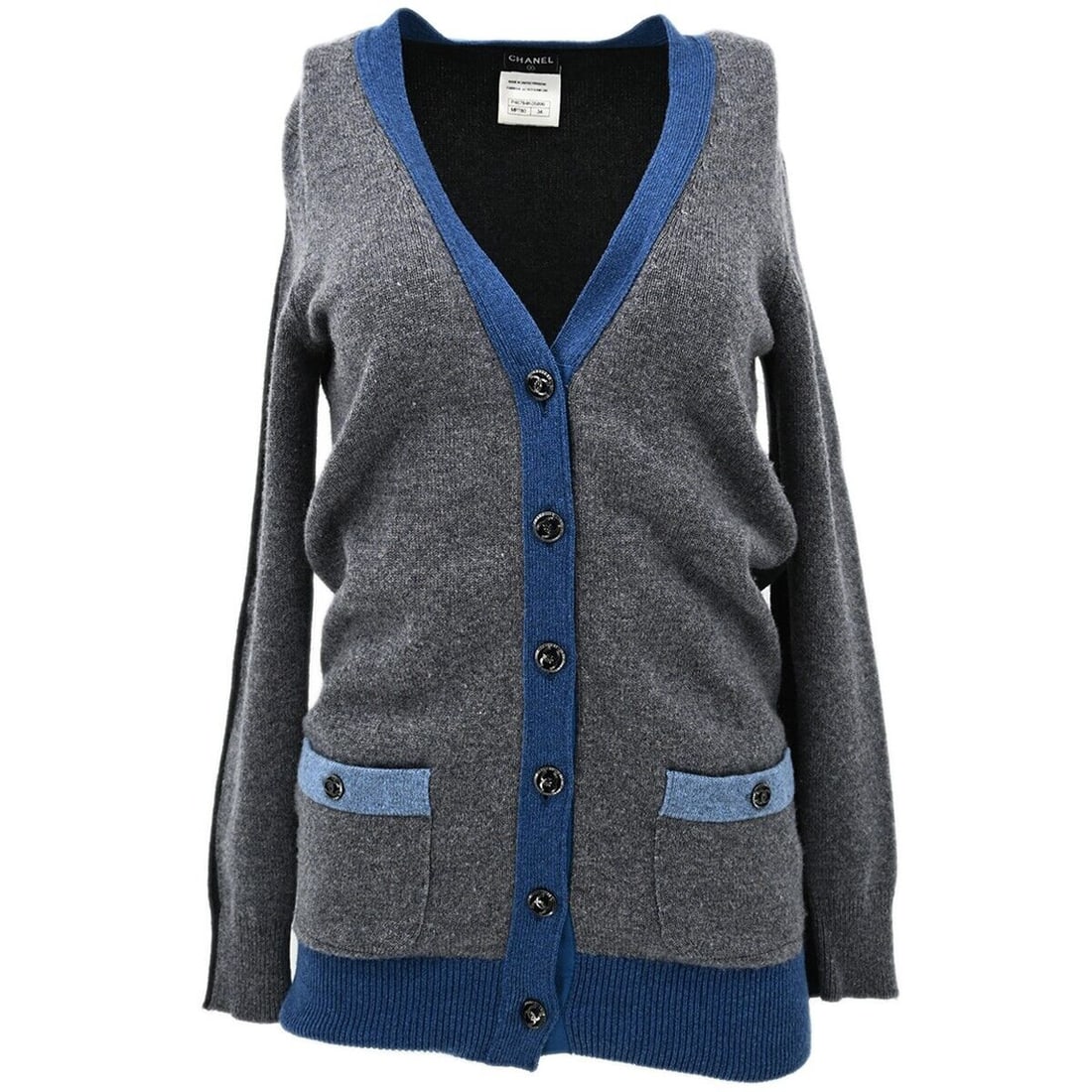 Gray Knit Cardigan with Long Sleeves #34: Gray Knit Cardigan with Long Sleeves #34 This vintage Chanel cardigan is a stylish addition to your casual wardrobe, featuring a button front design with two front pockets and contrasting blue trim. C