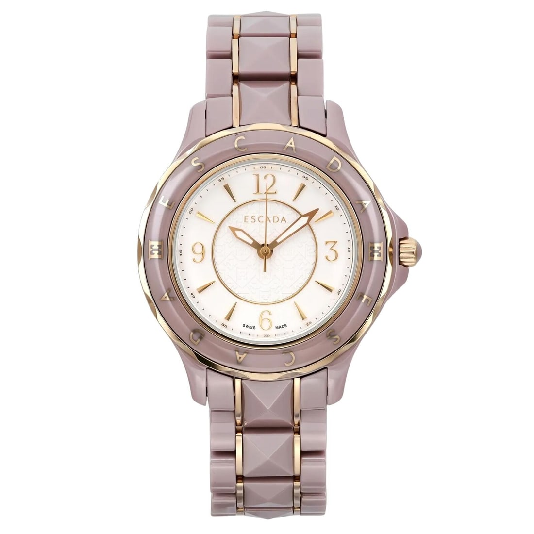 Escada Adriana 38mm Pink Ceramic White Dial Quartz Watch: Escada Adriana 38mm Pink Ceramic White Dial Quartz Watch This Escada Adriana wristwatch is a stylish and elegant addition to any casual outfit. It features a striking white dial housed within a round
