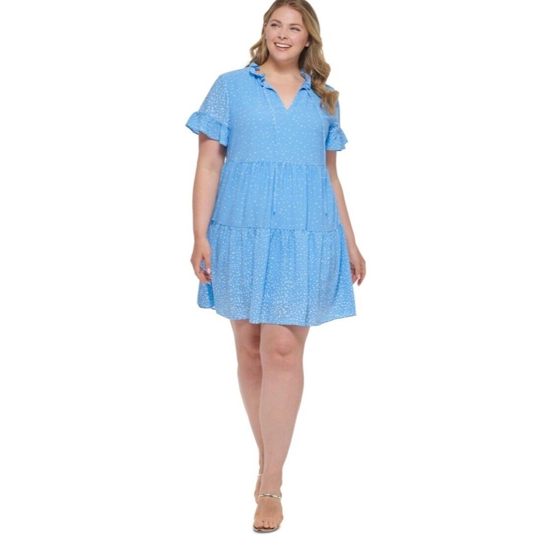 Plus Size Polka Dot Flutter Sleeve Dress Blue 18W: Plus Size Polka Dot Flutter Sleeve Dress Blue 18W Elevate your wardrobe with this stylish DKNY Plus Size Dot-Print Babydoll Dress in a vibrant blue. This knee-length dress features a playful tiered ba